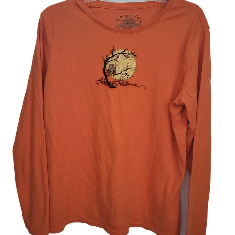 Women’s XL Halloween Shirt Orange Beaded Owl Moon Tree Embroidered Happy